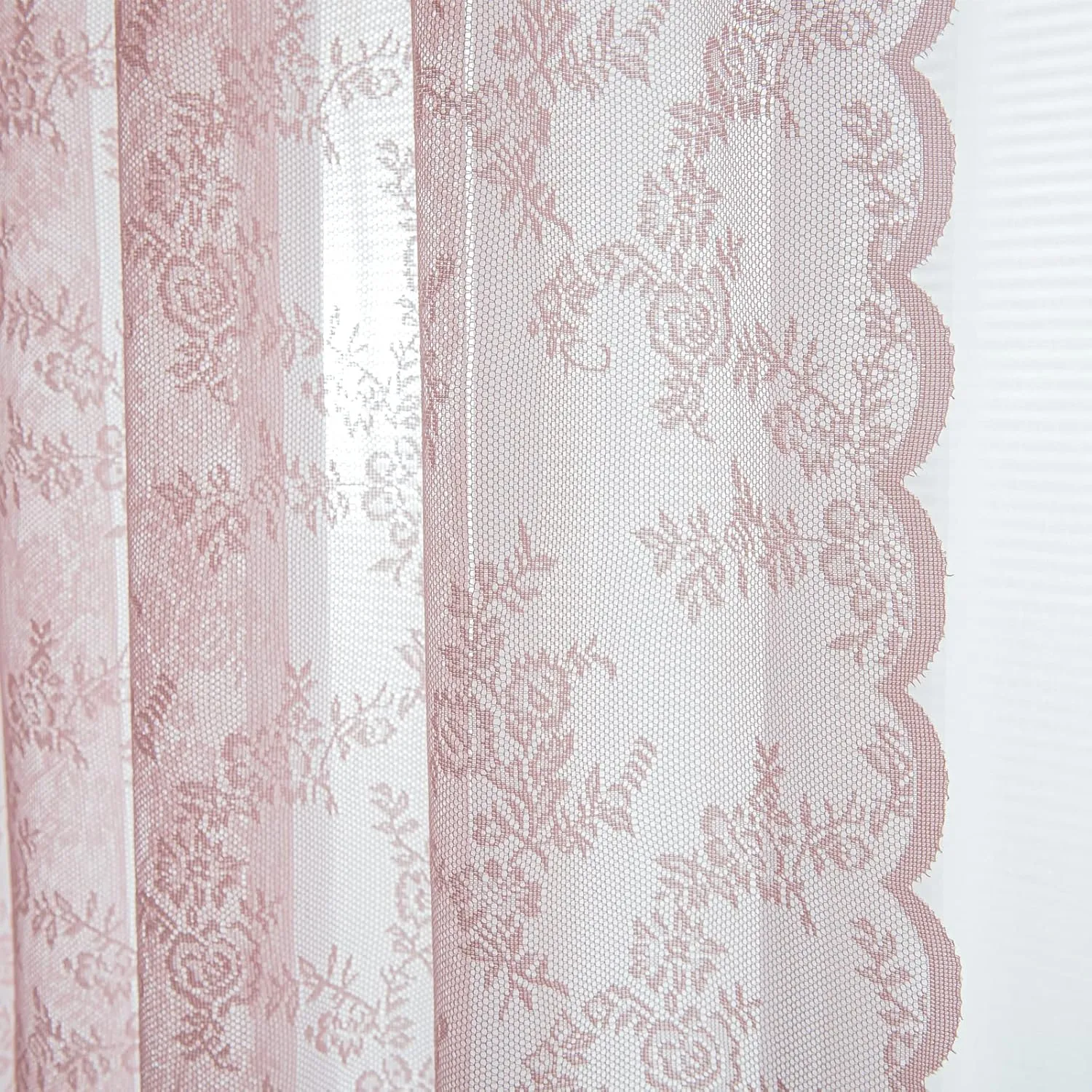 Deeprove Pink Lace Curtains 84 Inches Long 2 Panels Set, Blush Boho Sheer Floral Embroideried Vintage Window Treatment Pair Privacy French Drape for Girls' Nursery Bedroom, Width 57" x Length 84"