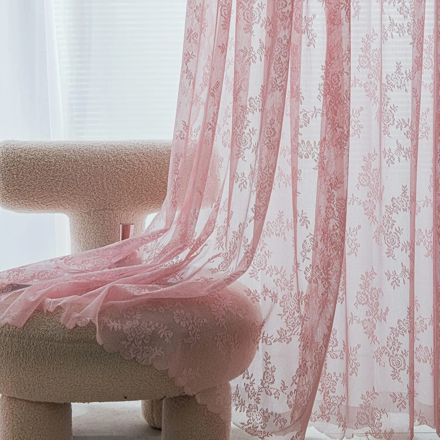 Deeprove Pink Lace Curtains 84 Inches Long 2 Panels Set, Blush Boho Sheer Floral Embroideried Vintage Window Treatment Pair Privacy French Drape for Girls' Nursery Bedroom, Width 57" x Length 84"