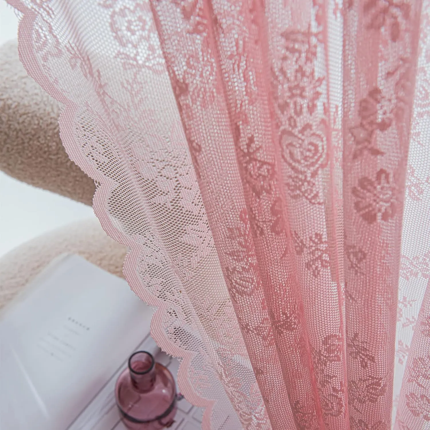 Deeprove Pink Lace Curtains 84 Inches Long 2 Panels Set, Blush Boho Sheer Floral Embroideried Vintage Window Treatment Pair Privacy French Drape for Girls' Nursery Bedroom, Width 57" x Length 84"