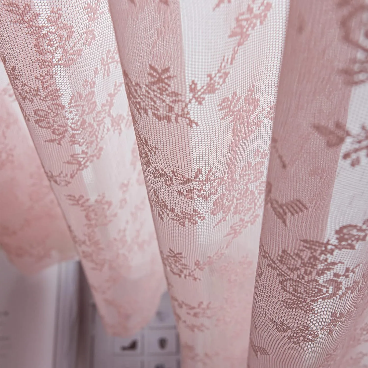 Deeprove Pink Lace Curtains 84 Inches Long 2 Panels Set, Blush Boho Sheer Floral Embroideried Vintage Window Treatment Pair Privacy French Drape for Girls' Nursery Bedroom, Width 57" x Length 84"