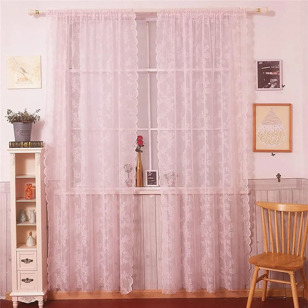 Deeprove Pink Lace Curtains 84 Inches Long 2 Panels Set, Blush Boho Sheer Floral Embroideried Vintage Window Treatment Pair Privacy French Drape for Girls' Nursery Bedroom, Width 57" x Length 84"