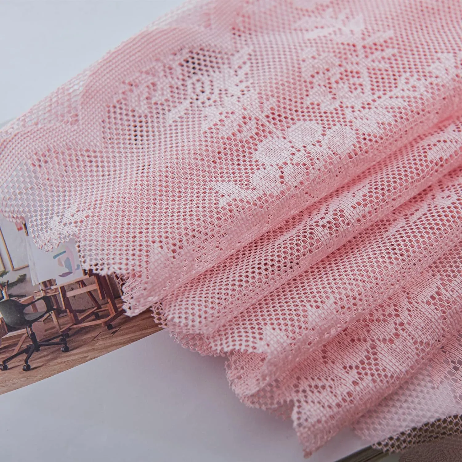 Deeprove Pink Lace Curtains 84 Inches Long 2 Panels Set, Blush Boho Sheer Floral Embroideried Vintage Window Treatment Pair Privacy French Drape for Girls' Nursery Bedroom, Width 57" x Length 84"