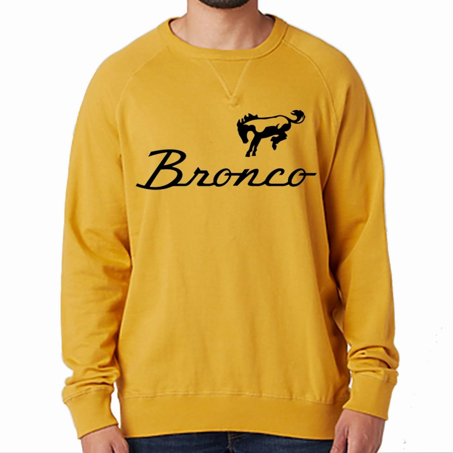 Detroit Shirt Company Ford Bronco Heritage Gold Crewneck Sweatshirt – Black Bronco Logo – French Terry Cotton Blend