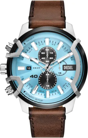 Diesel Griffed Stainless Steel and Leather Chronograph Men's Watch, Color: Silver, Brown (Model: DZ4656)