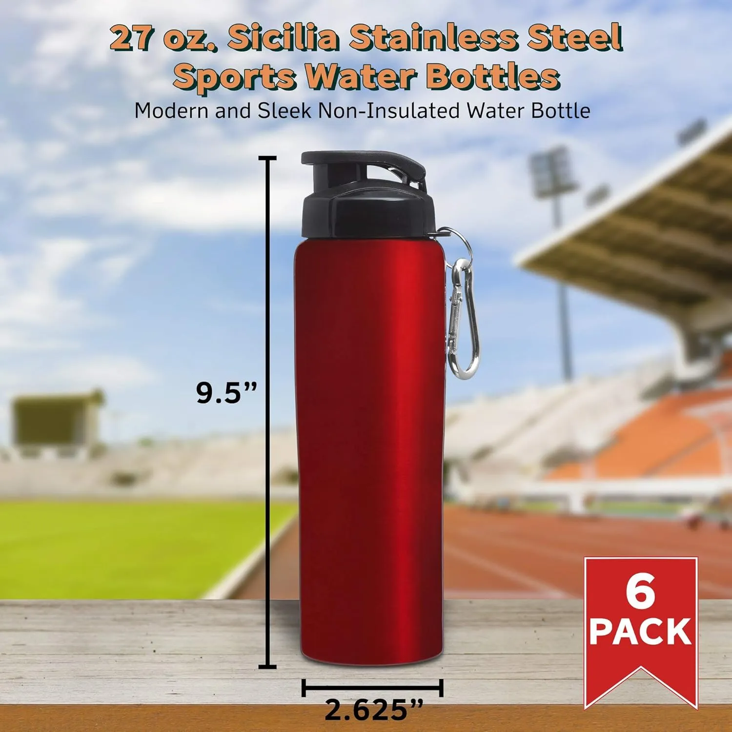 DISCOUNT PROMOS Sicilia Stainless Steel Sports Bottles 27 oz. Set of 6, Bulk Pack - Non Insulated, Great for Gym, Hiking, Cycling, School - Red