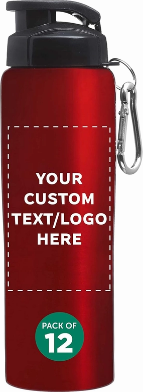 DISCOUNT PROMOS Custom Sicilia Stainless Steel Sports Bottles 27 oz. Set of 12, Personalized Bulk Pack - Non Insulated, Great for Gym, Hiking, Cycling, School - Red