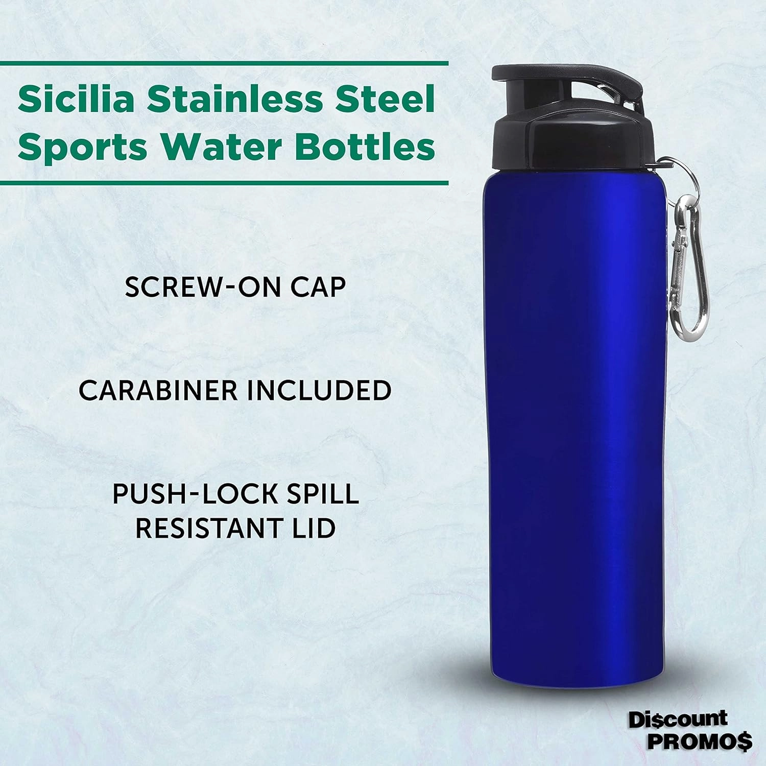 DISCOUNT PROMOS Sicilia Stainless Steel Sports Bottles 27 oz. Set of 6, Bulk Pack - Non Insulated, Great for Gym, Hiking, Cycling, School - Blue