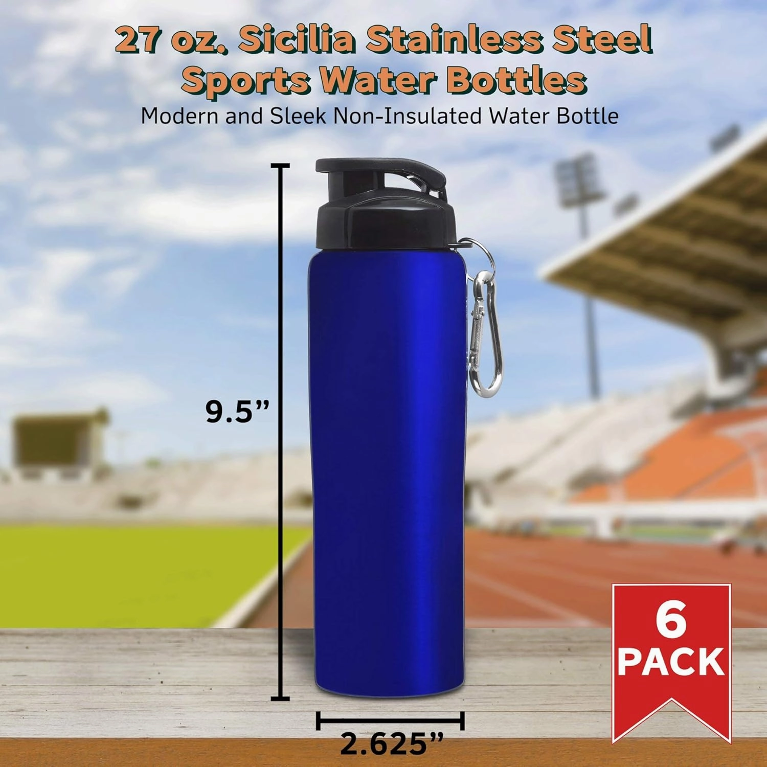 DISCOUNT PROMOS Sicilia Stainless Steel Sports Bottles 27 oz. Set of 6, Bulk Pack - Non Insulated, Great for Gym, Hiking, Cycling, School - Blue