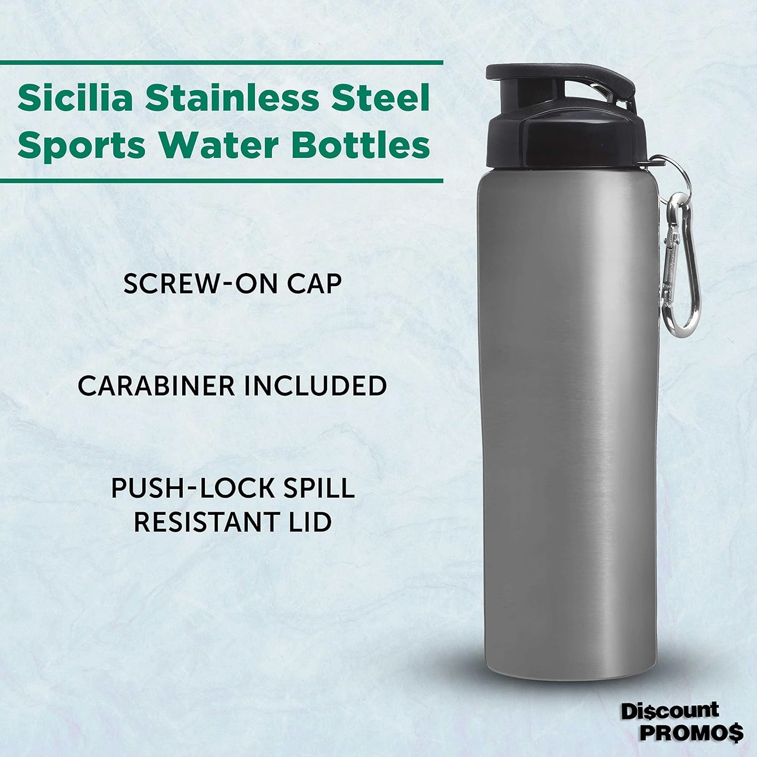 DISCOUNT PROMOS Sicilia Stainless Steel Sports Bottles 27 oz. Set of 6, Bulk Pack - Non Insulated, Great for Gym, Hiking, Cycling, School - Silver