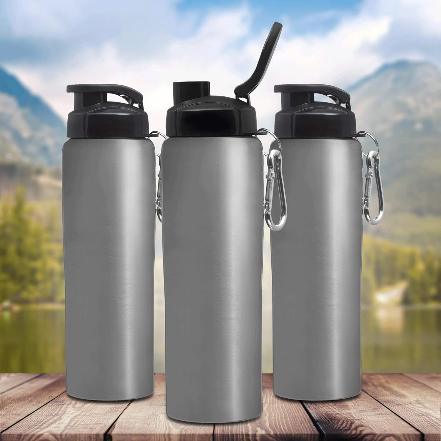 DISCOUNT PROMOS Sicilia Stainless Steel Sports Bottles 27 oz. Set of 6, Bulk Pack - Non Insulated, Great for Gym, Hiking, Cycling, School - Silver