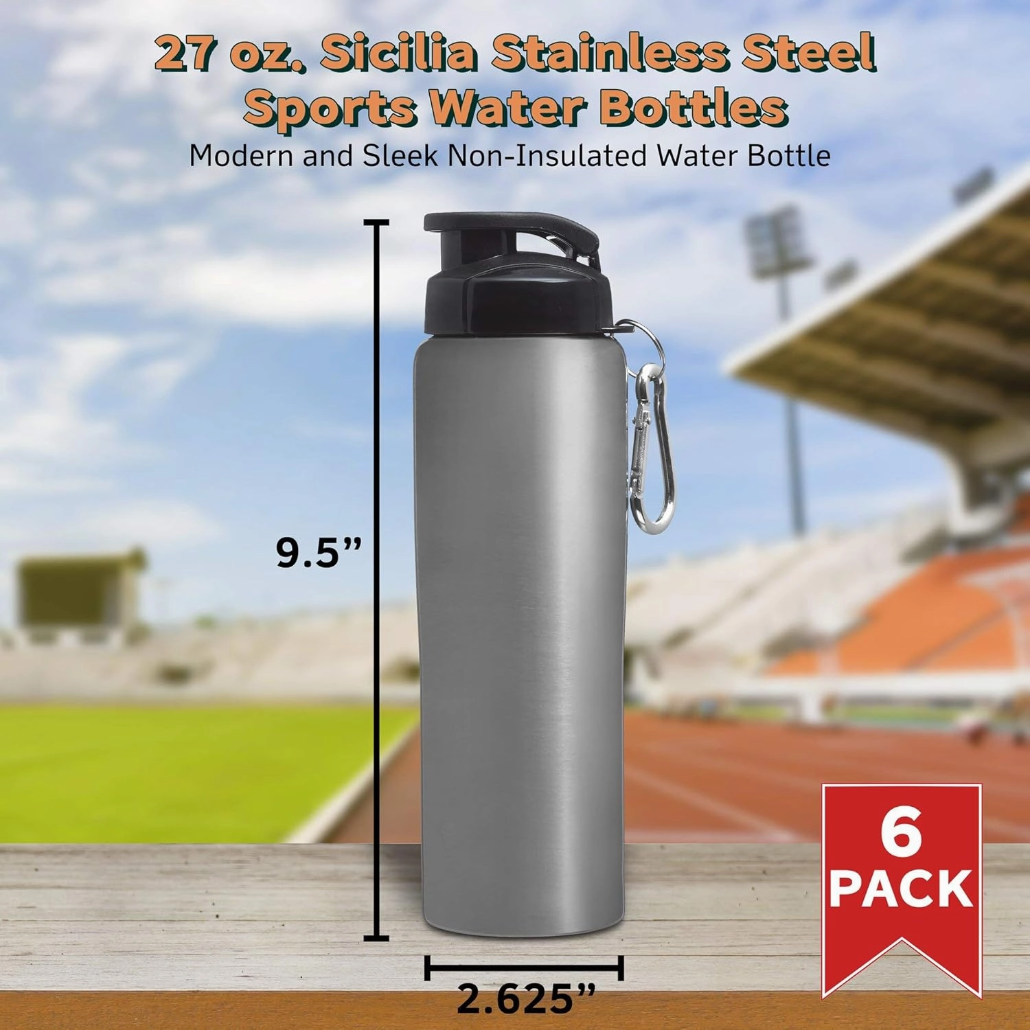 DISCOUNT PROMOS Sicilia Stainless Steel Sports Bottles 27 oz. Set of 6, Bulk Pack - Non Insulated, Great for Gym, Hiking, Cycling, School - Silver