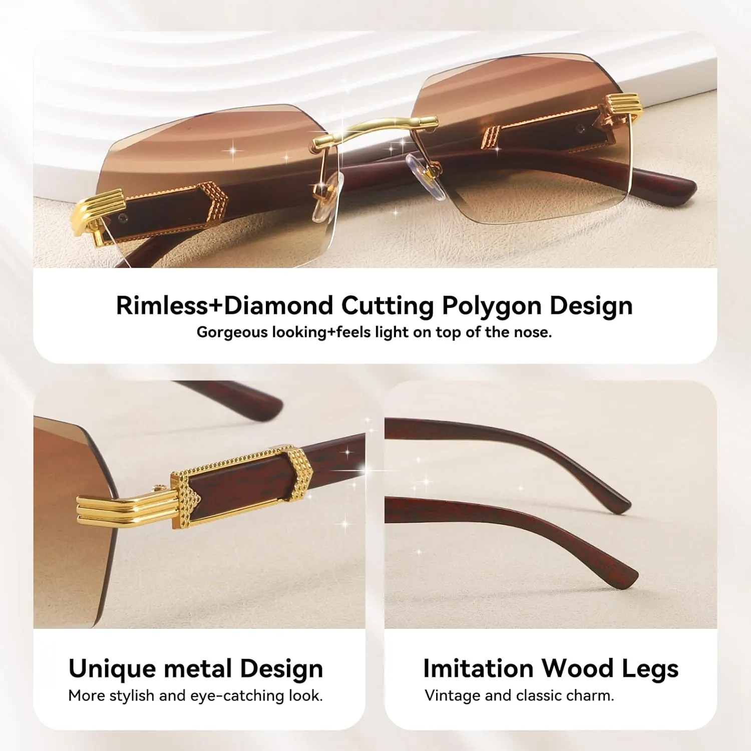 Dollger Rimless Rectangle Sunglasses for Women Men Fashion Hip hop Frameless Designer Shades Wooden Y2K Square Sun Glasses