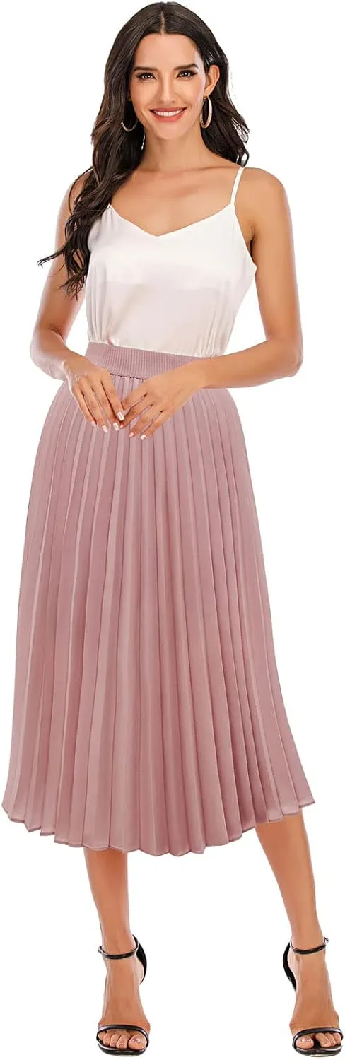 DRESSTELLS Pleated Midi Skirts for Women, Aline Long High Elastic Waisted Summer Flowy Chiffon Swing Skirt