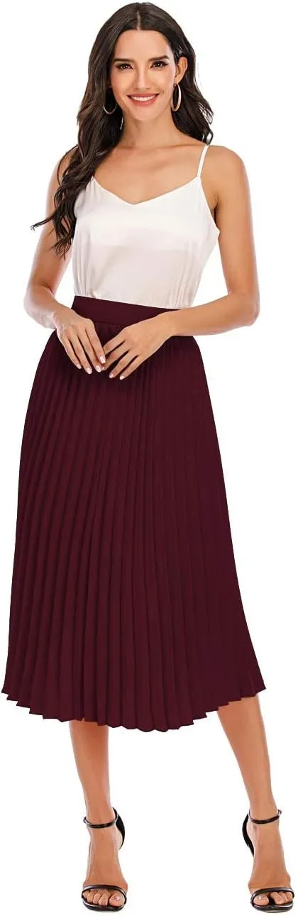 DRESSTELLS Pleated Midi Skirts for Women, Aline Long High Elastic Waisted Summer Flowy Chiffon Swing Skirt
