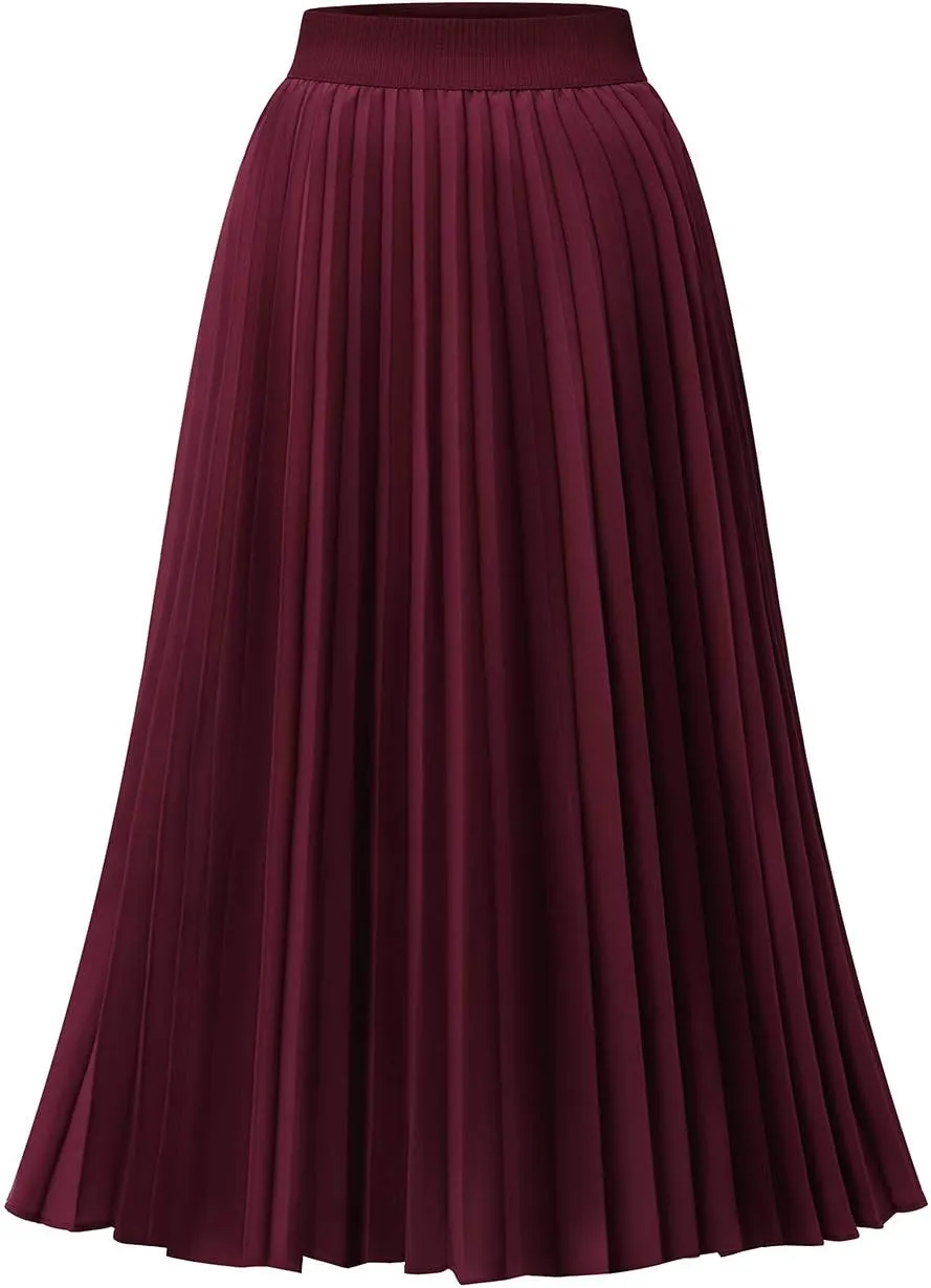 DRESSTELLS Pleated Midi Skirts for Women, Aline Long High Elastic Waisted Summer Flowy Chiffon Swing Skirt