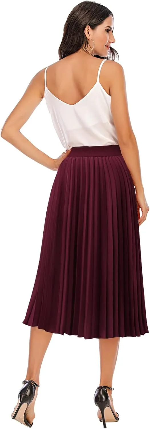DRESSTELLS Pleated Midi Skirts for Women, Aline Long High Elastic Waisted Summer Flowy Chiffon Swing Skirt