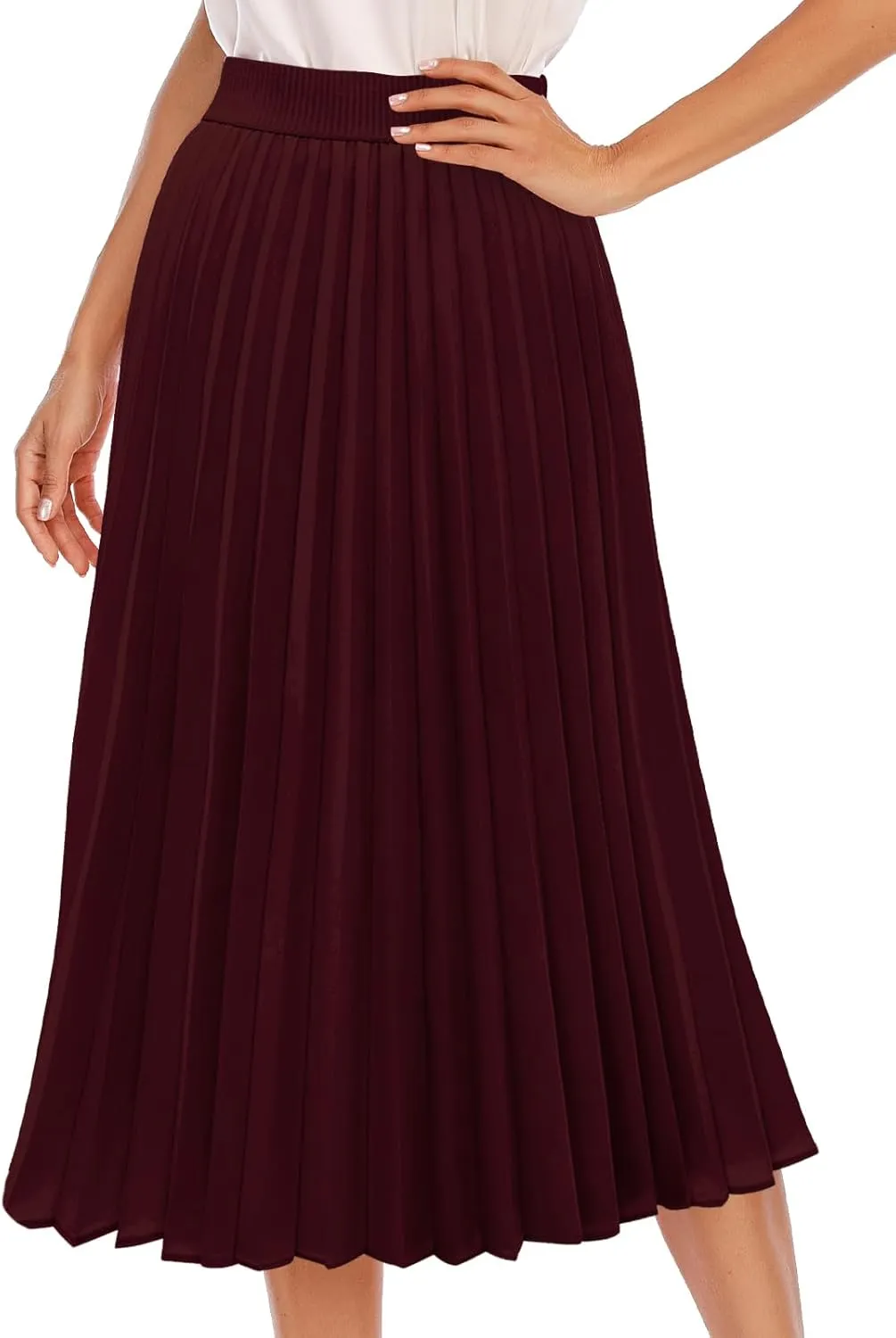 DRESSTELLS Pleated Midi Skirts for Women, Aline Long High Elastic Waisted Summer Flowy Chiffon Swing Skirt