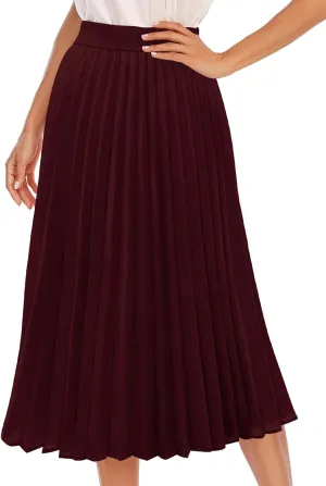 DRESSTELLS Pleated Midi Skirts for Women, Aline Long High Elastic Waisted Summer Flowy Chiffon Swing Skirt