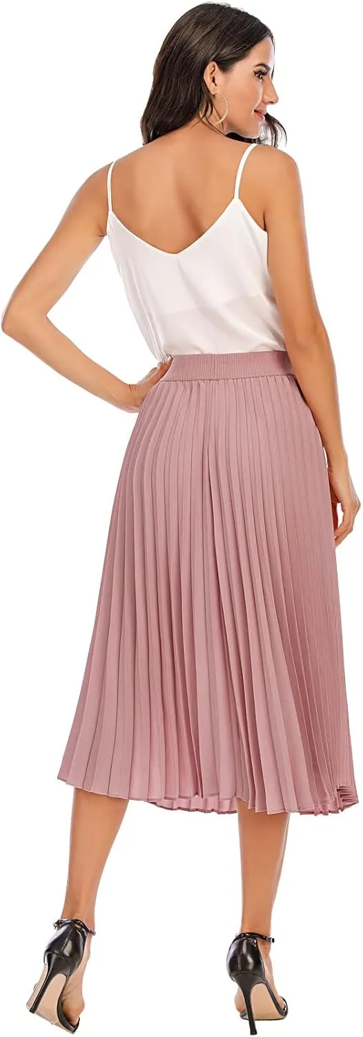 DRESSTELLS Pleated Midi Skirts for Women, Aline Long High Elastic Waisted Summer Flowy Chiffon Swing Skirt