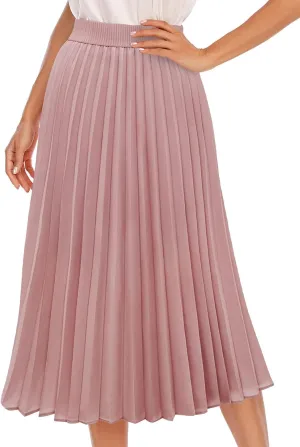 DRESSTELLS Pleated Midi Skirts for Women, Aline Long High Elastic Waisted Summer Flowy Chiffon Swing Skirt