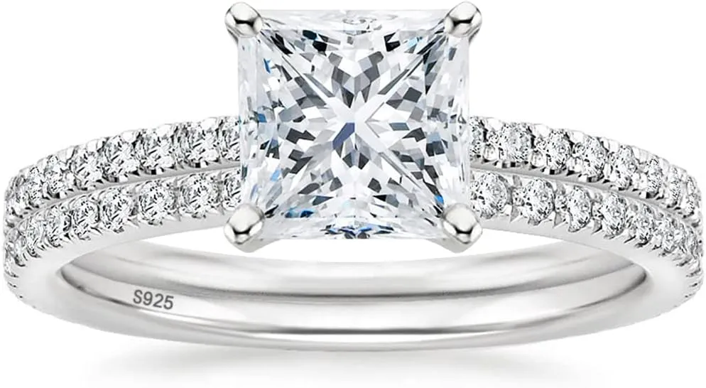 EAMTI 2CT 925 Sterling Silver Bridal Ring Sets Princess Cut CZ Engagement Rings Promise Rings for Her Wedding Bands for Women Size 3-11