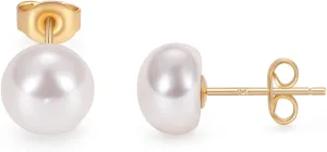 EAMTI Pearl Earrings for Women Trendy 18K Gold Plated Sterling Silver Freshwater Cultured White Oval Button Pearl Stud Earrings Hypoallergenic 5.5-9.5MM