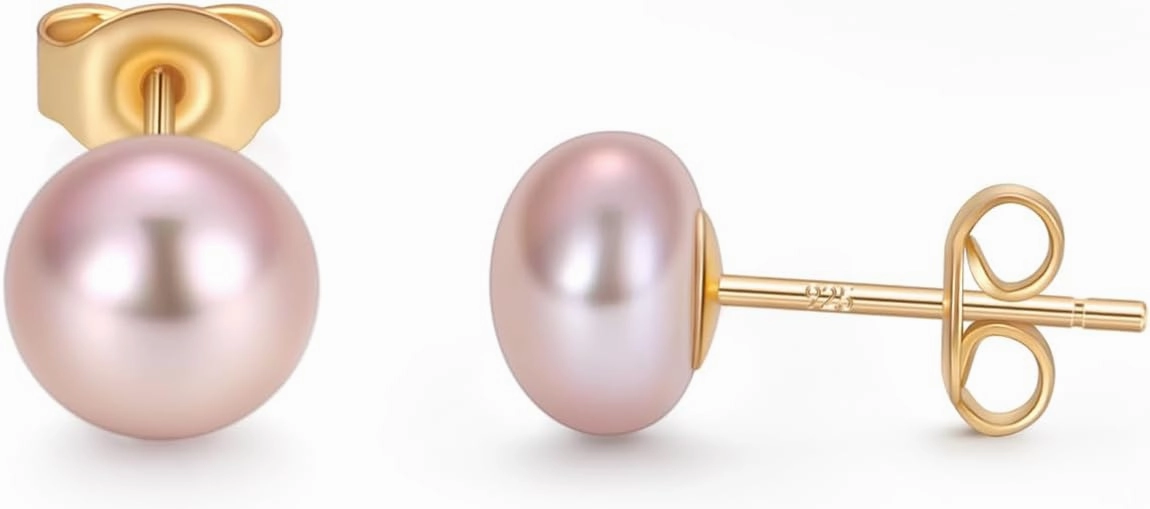 EAMTI Pearl Earrings for Women Trendy 18K Gold Plated Sterling Silver Freshwater Cultured Pink-Purple Oval Button Pearl Stud Earrings Hypoallergenic 5.5-9.5MM