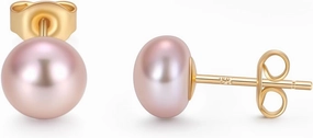 EAMTI Pearl Earrings for Women Trendy 18K Gold Plated Sterling Silver Freshwater Cultured Pink-Purple Oval Button Pearl Stud Earrings Hypoallergenic 5.5-9.5MM