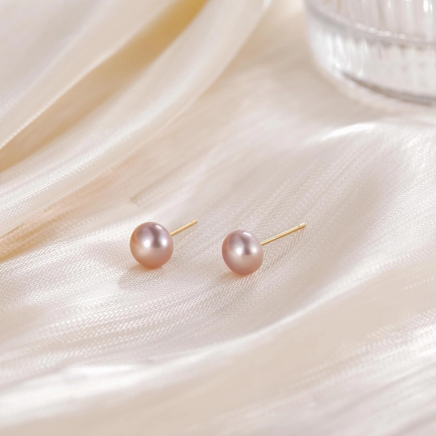 EAMTI Pearl Earrings for Women Trendy 18K Gold Plated Sterling Silver Freshwater Cultured Pink-Purple Oval Button Pearl Stud Earrings Hypoallergenic 5.5-9.5MM