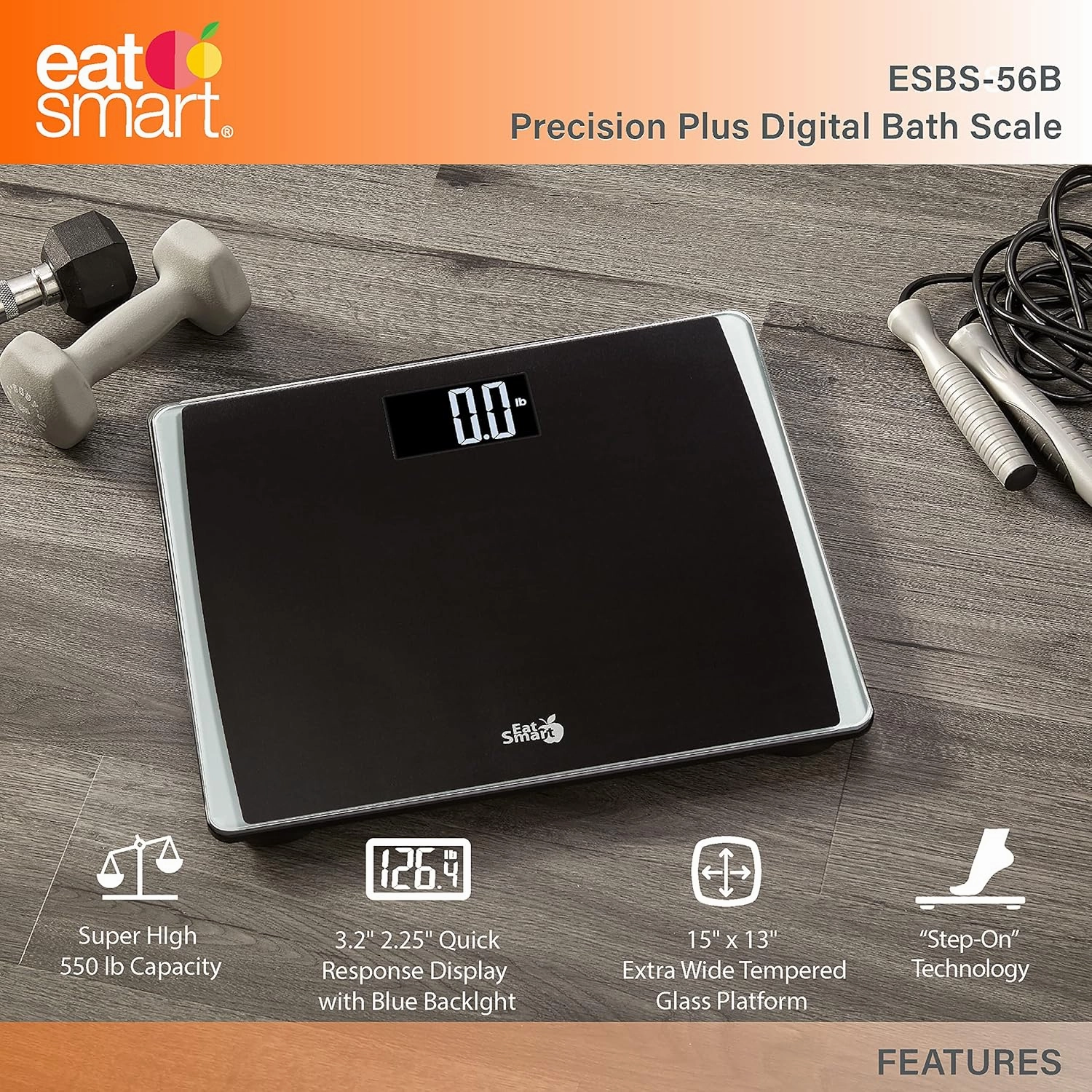 Eat Smart Precision Digital Bathroom Scale, 550 lb High Capacity Scale, Extra Wide Platform, Bath Scale for Body Weight, Black