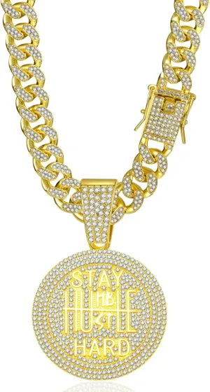 EDINGM Men's Iced Out Cuban Link Chain with Round Coin Pendant - Miami Style Silver & Gold Plated Hip Hop Jewelry, Diamond-Cut Bling Necklace
