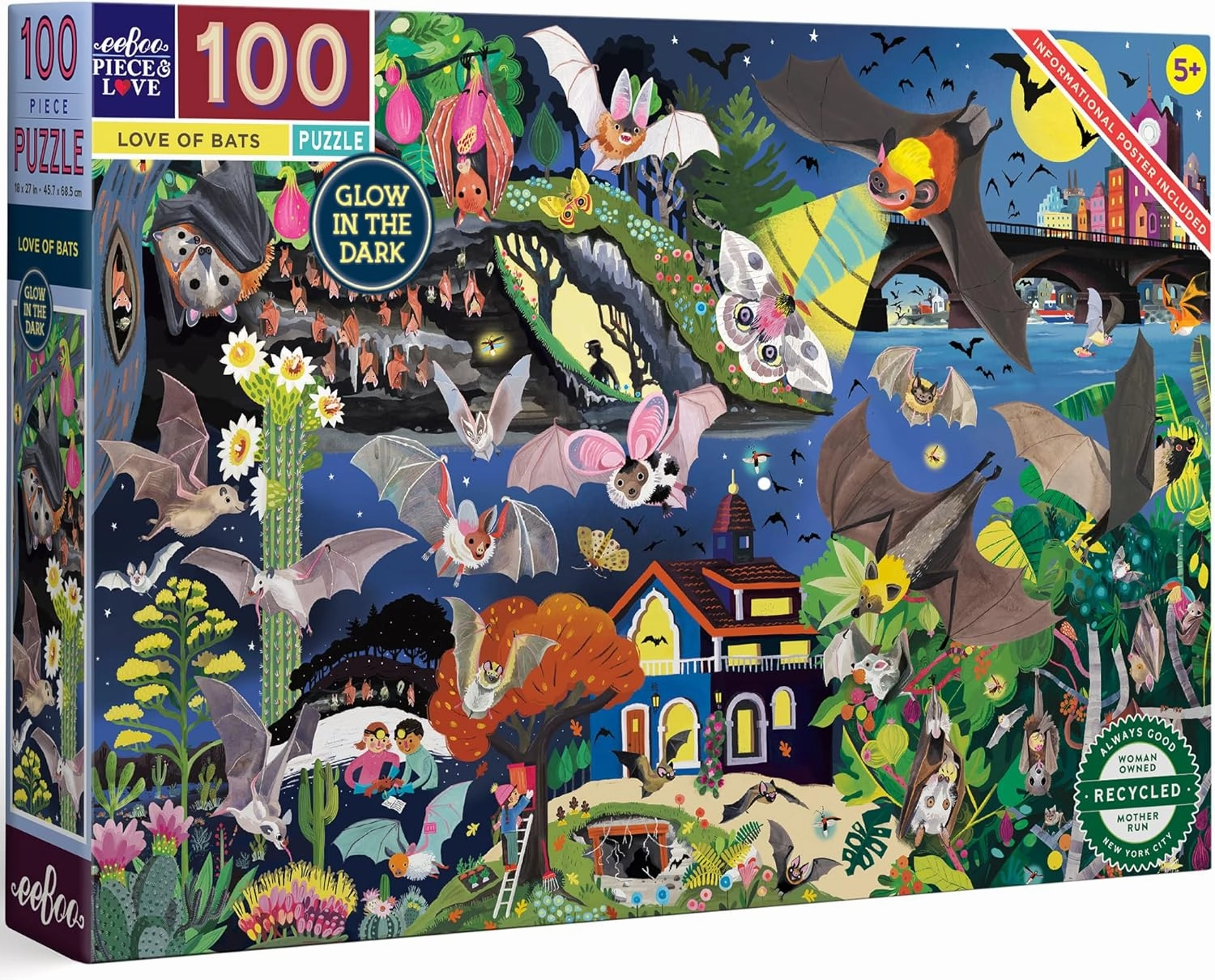 eeBoo Love of Bats Glow in The Dark 100 Piece Jigsaw Puzzle/Ages 5  (PZBAT)