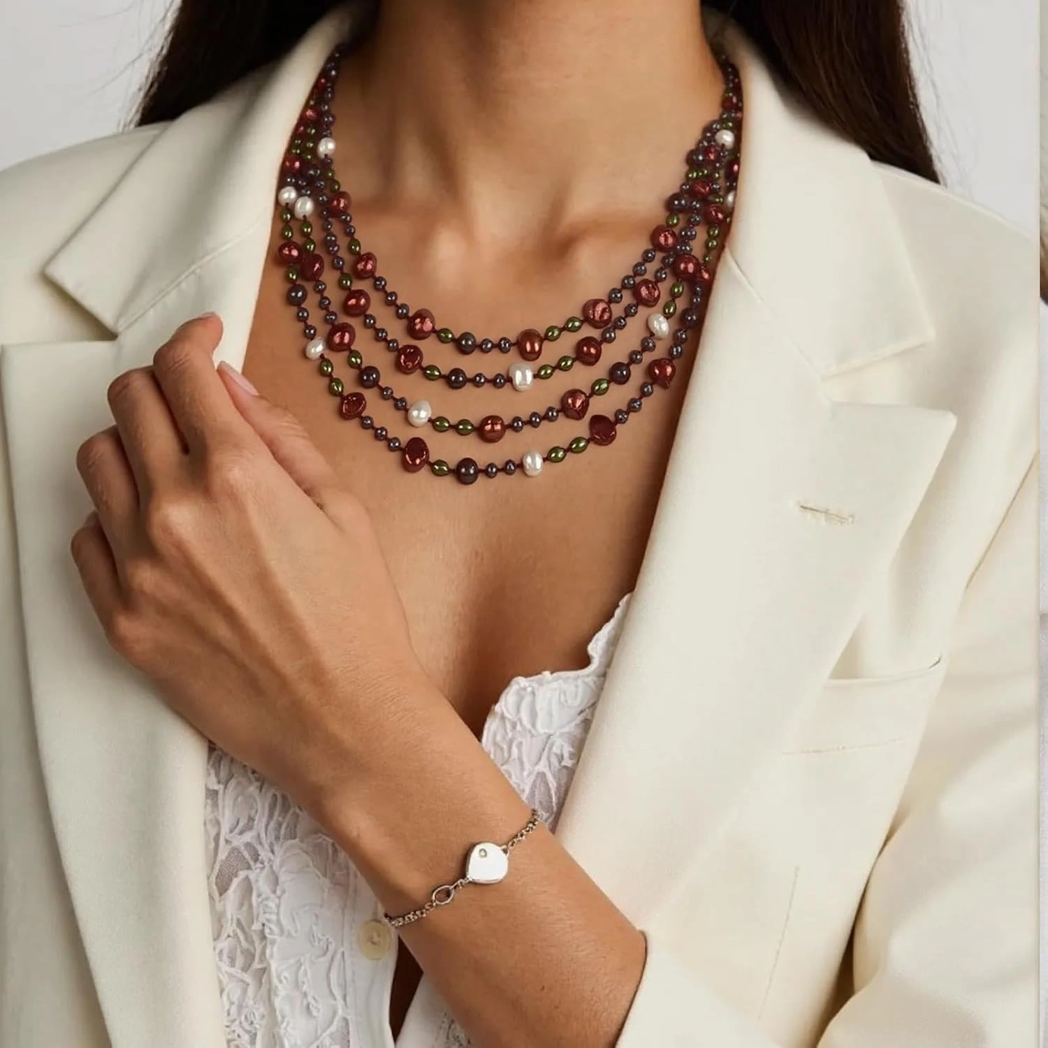 Elegant 24" Multi-Strand Freshwater Pearl Necklace with 4-5mm Multicolor Rice Pearls Silver Clasp, Gift for Mother, Wife, Anniversary Luxury Jewelry Gift