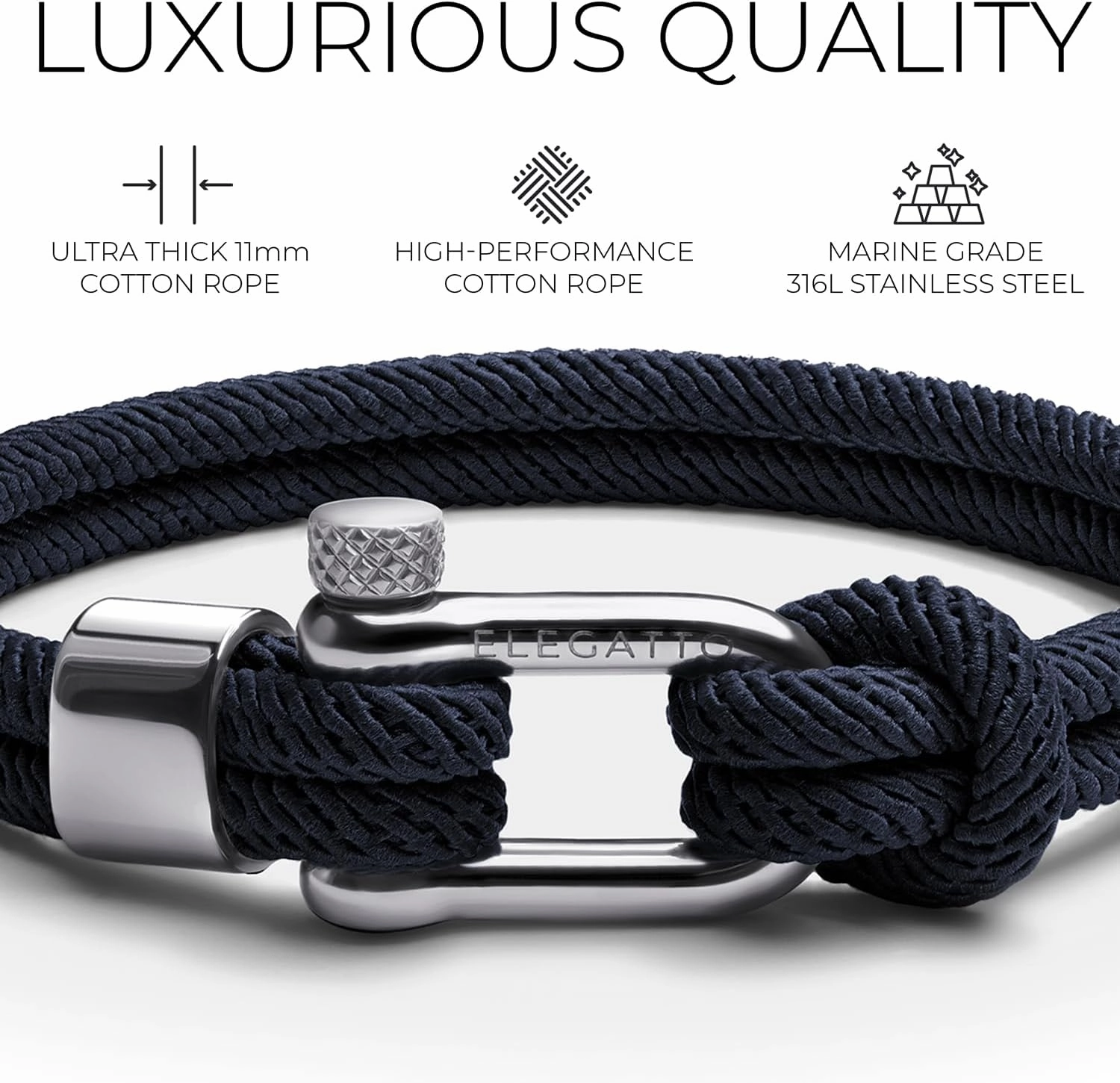 Elegatto Alchor Platinum Rope Bracelet for Men | Premium Nylon Marine Cord with Silver Polished Stainless Steel Shackle Closure | Waterproof and Fade-Resistant | Men’s Designer Bracelets