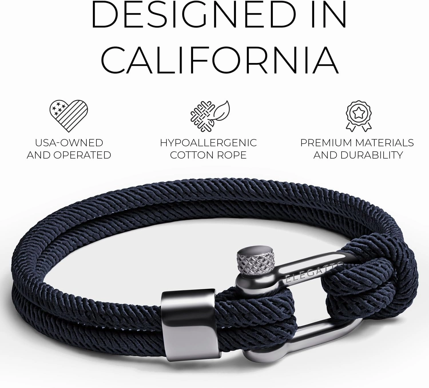 Elegatto Alchor Platinum Rope Bracelet for Men | Premium Nylon Marine Cord with Silver Polished Stainless Steel Shackle Closure | Waterproof and Fade-Resistant | Men’s Designer Bracelets