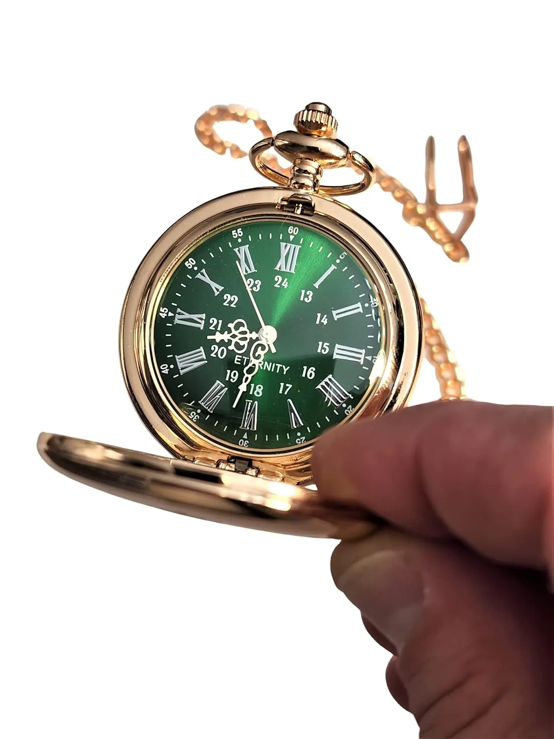Engraved pocket watch, Green dial watch with Roman numerals, comes with the chain, fitted box and engraving. Vintage style pocket watch personalized (Gold)