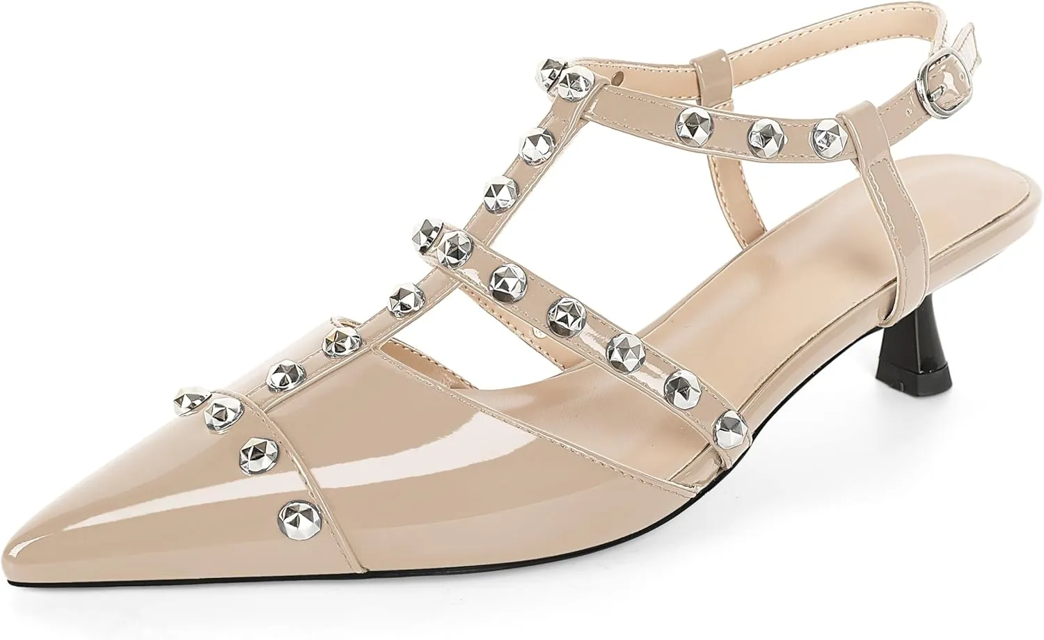Esvowido Womens Slingback Kitten Heels Pointed Toe Pumps Studded T-Strap Low Heels 2 Inch Closed Toe Work Wedding Party Dress Shoes