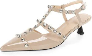 Esvowido Womens Slingback Kitten Heels Pointed Toe Pumps Studded T-Strap Low Heels 2 Inch Closed Toe Work Wedding Party Dress Shoes