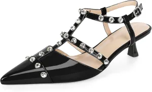 Esvowido Womens Slingback Kitten Heels Pointed Toe Pumps Studded T-Strap Low Heels 2 Inch Closed Toe Work Wedding Party Dress Shoes