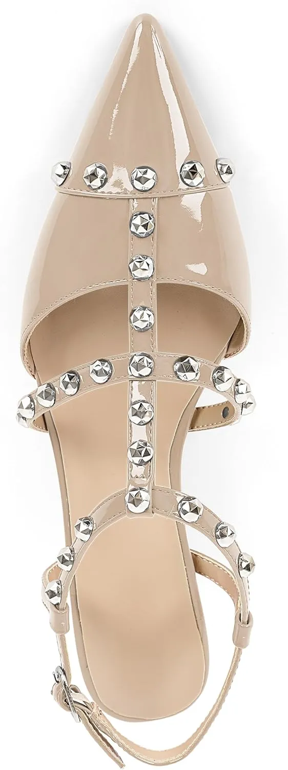 Esvowido Womens Slingback Kitten Heels Pointed Toe Pumps Studded T-Strap Low Heels 2 Inch Closed Toe Work Wedding Party Dress Shoes