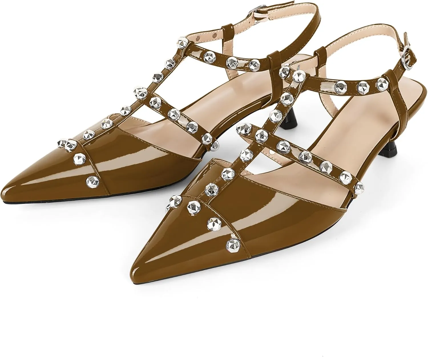 Esvowido Womens Slingback Kitten Heels Pointed Toe Pumps Studded T-Strap Low Heels 2 Inch Closed Toe Work Wedding Party Dress Shoes