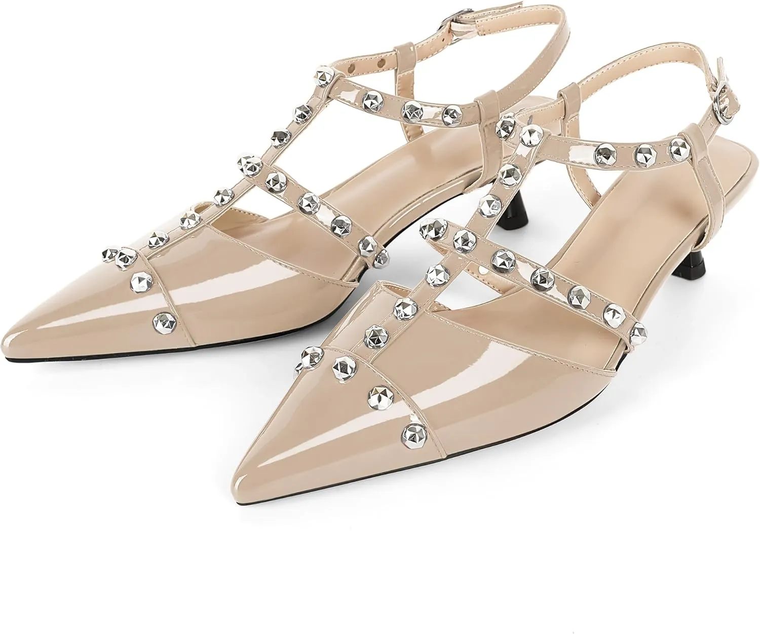 Esvowido Womens Slingback Kitten Heels Pointed Toe Pumps Studded T-Strap Low Heels 2 Inch Closed Toe Work Wedding Party Dress Shoes