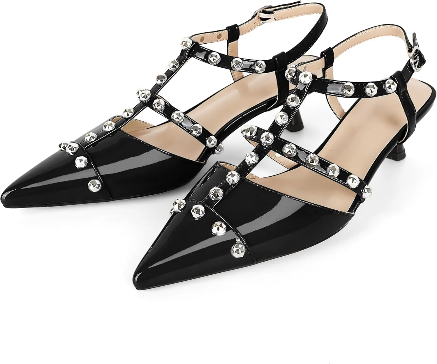 Esvowido Womens Slingback Kitten Heels Pointed Toe Pumps Studded T-Strap Low Heels 2 Inch Closed Toe Work Wedding Party Dress Shoes