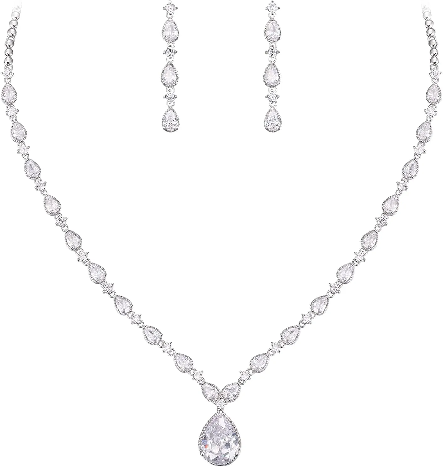 EVER FAITH Gorgeous Cubic Zirconia Charming Water Drop Bridal Bride Necklace Earrings Set Silver-Tone