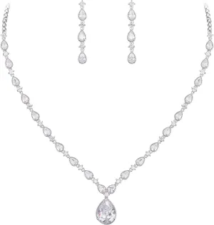 EVER FAITH Gorgeous Cubic Zirconia Charming Water Drop Bridal Bride Necklace Earrings Set Silver-Tone
