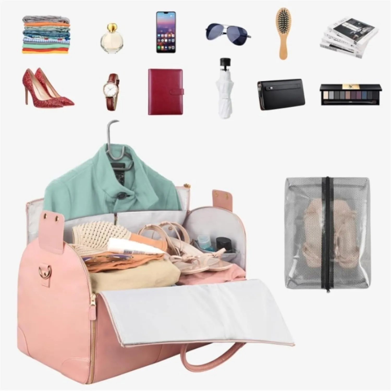 Extra Large Foldable Duffle Bag 20.5" 80L Capacity，Water Resistant Premium PU Leather，Lightweight Collapsible Storage Bag for Travel, Gym (Ear pink,52.07 * 25.4 * 31.75cm)