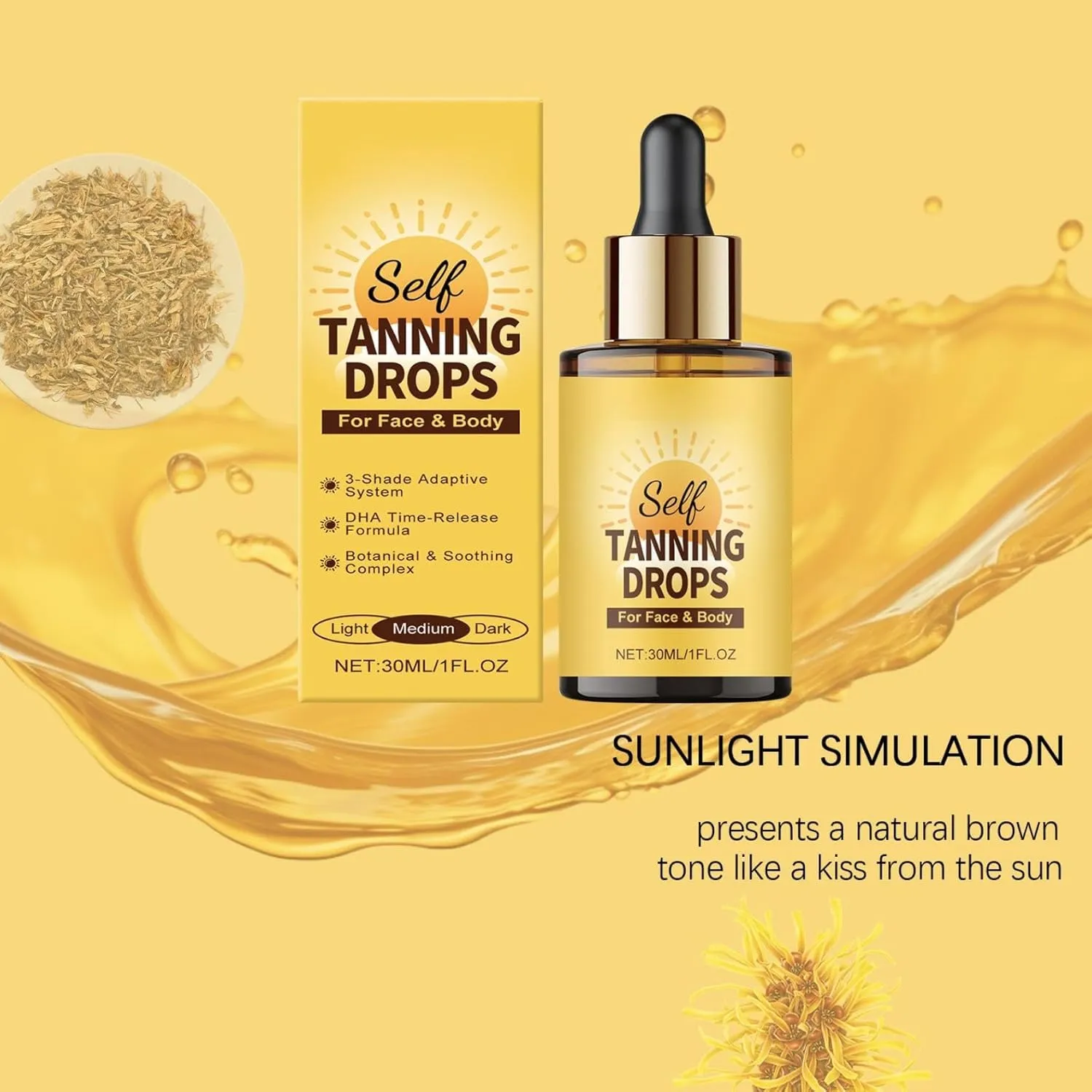 Facial Self Tanning Drops (30 ML), Tanning Drops for Face & Body, Gradual Bronzing Effect, Lightweight Tanner for Sensitive Skin, Natural Sun-Kissed Glow, Medium Shade (2PCS)