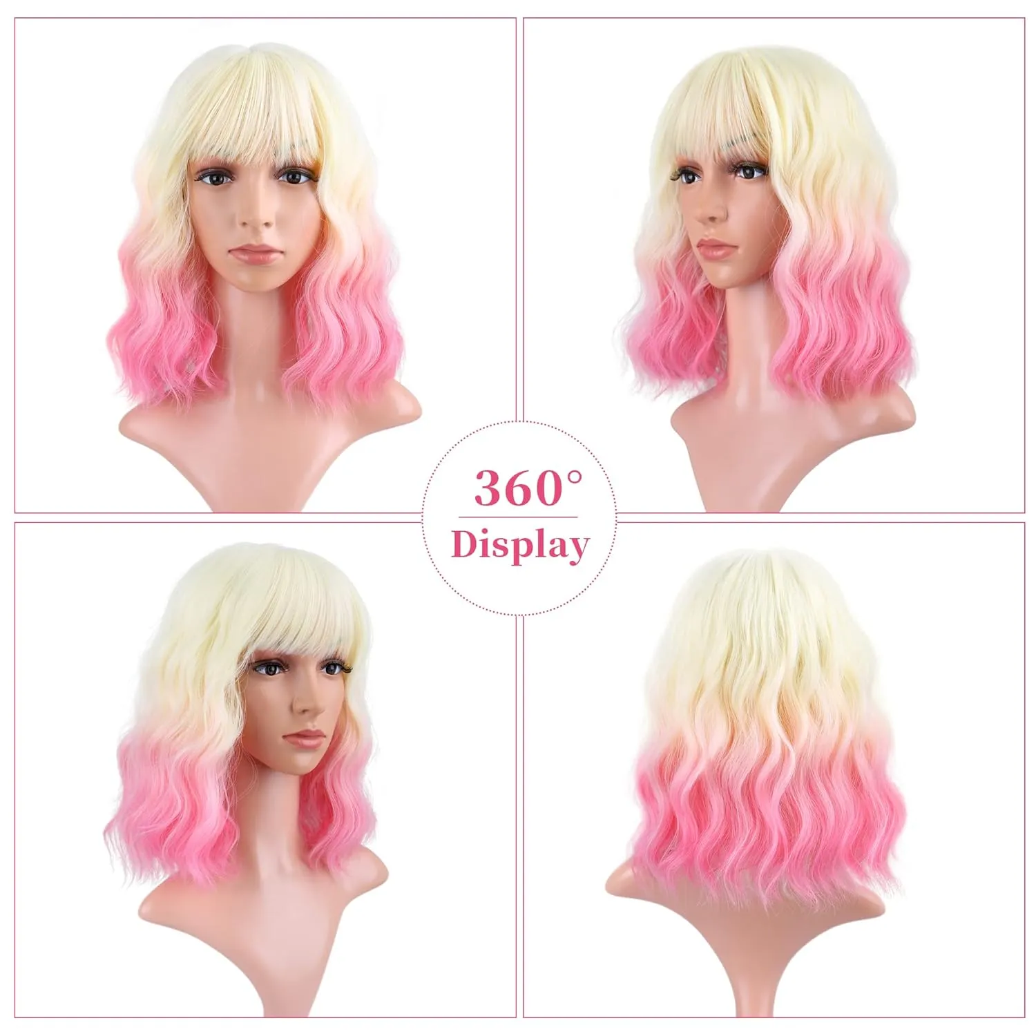 FAELBATY Short Pink Ombre Wig With Bangs - Bob Synthetic Wig for Women, Cosplay & Halloween - 12" (613/Pink)