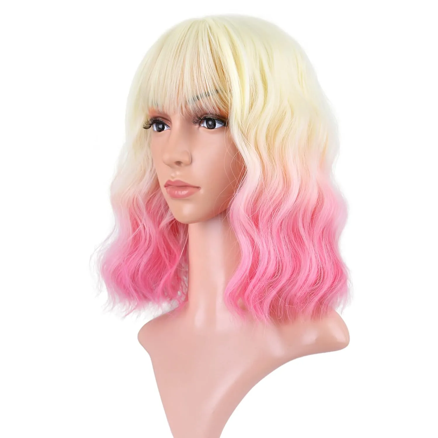 FAELBATY Short Pink Ombre Wig With Bangs - Bob Synthetic Wig for Women, Cosplay & Halloween - 12" (613/Pink)