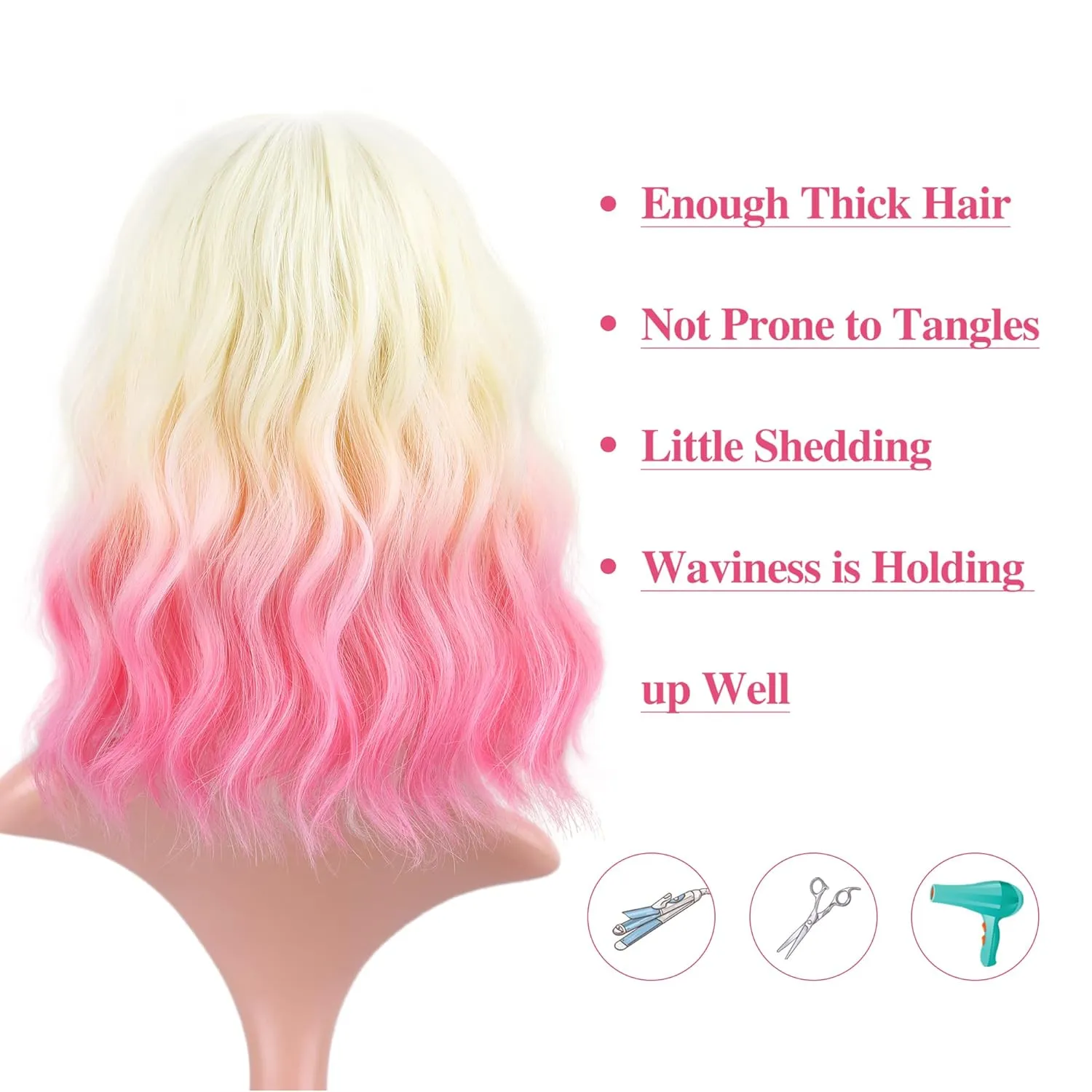 FAELBATY Short Pink Ombre Wig With Bangs - Bob Synthetic Wig for Women, Cosplay & Halloween - 12" (613/Pink)